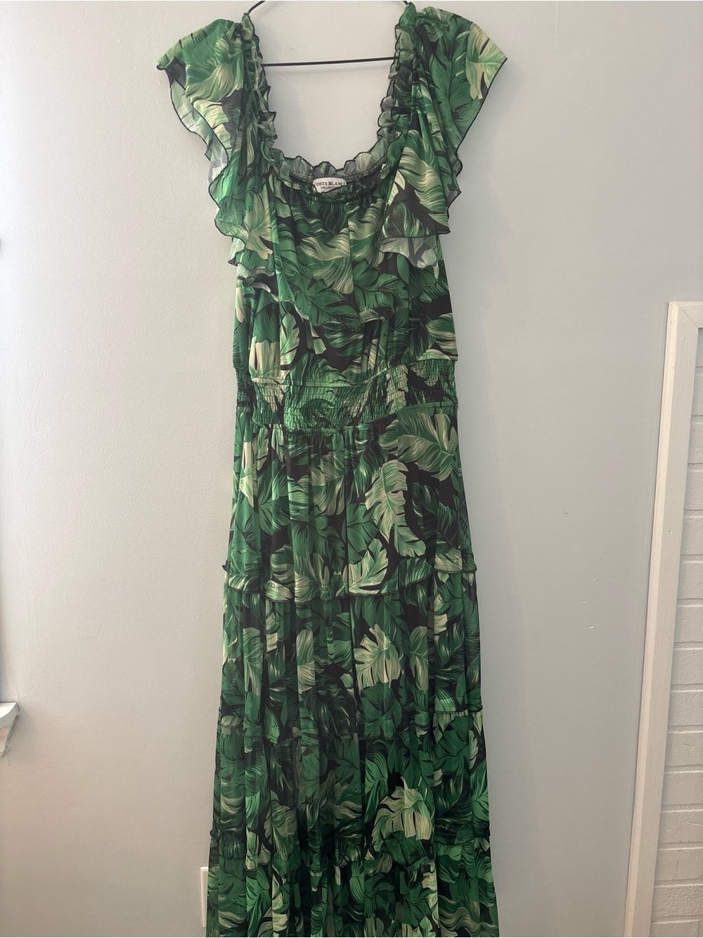 Costa Blanca Green Leaf Ruffle Maxi Dress